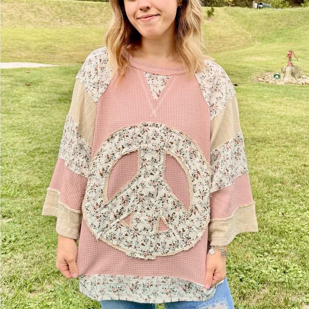 POL Floral Peace Sign Pink Shirt